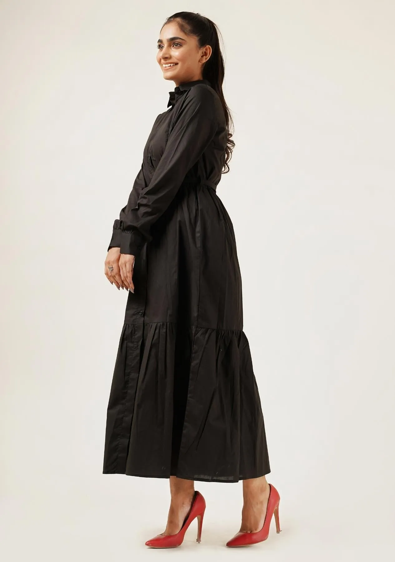 Front Button Long Sleeve Maxi Dress - black