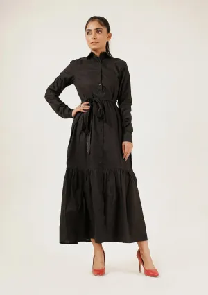 Front Button Long Sleeve Maxi Dress - black