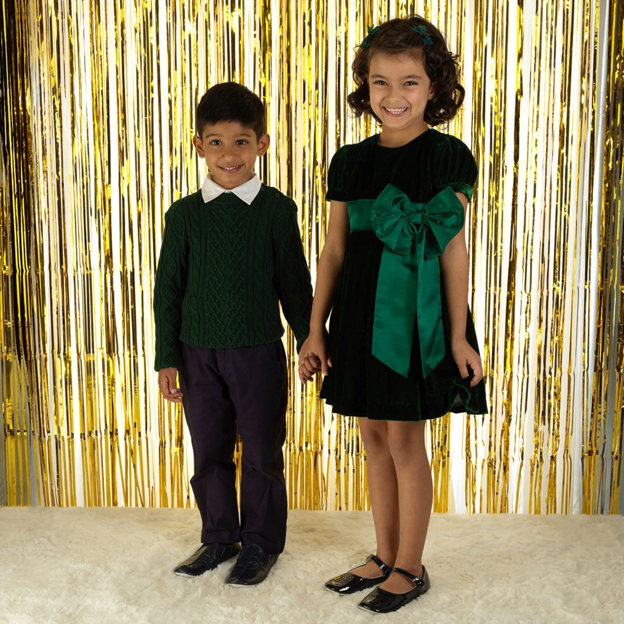 Girls Crushed Velvet Bow Dress, Green