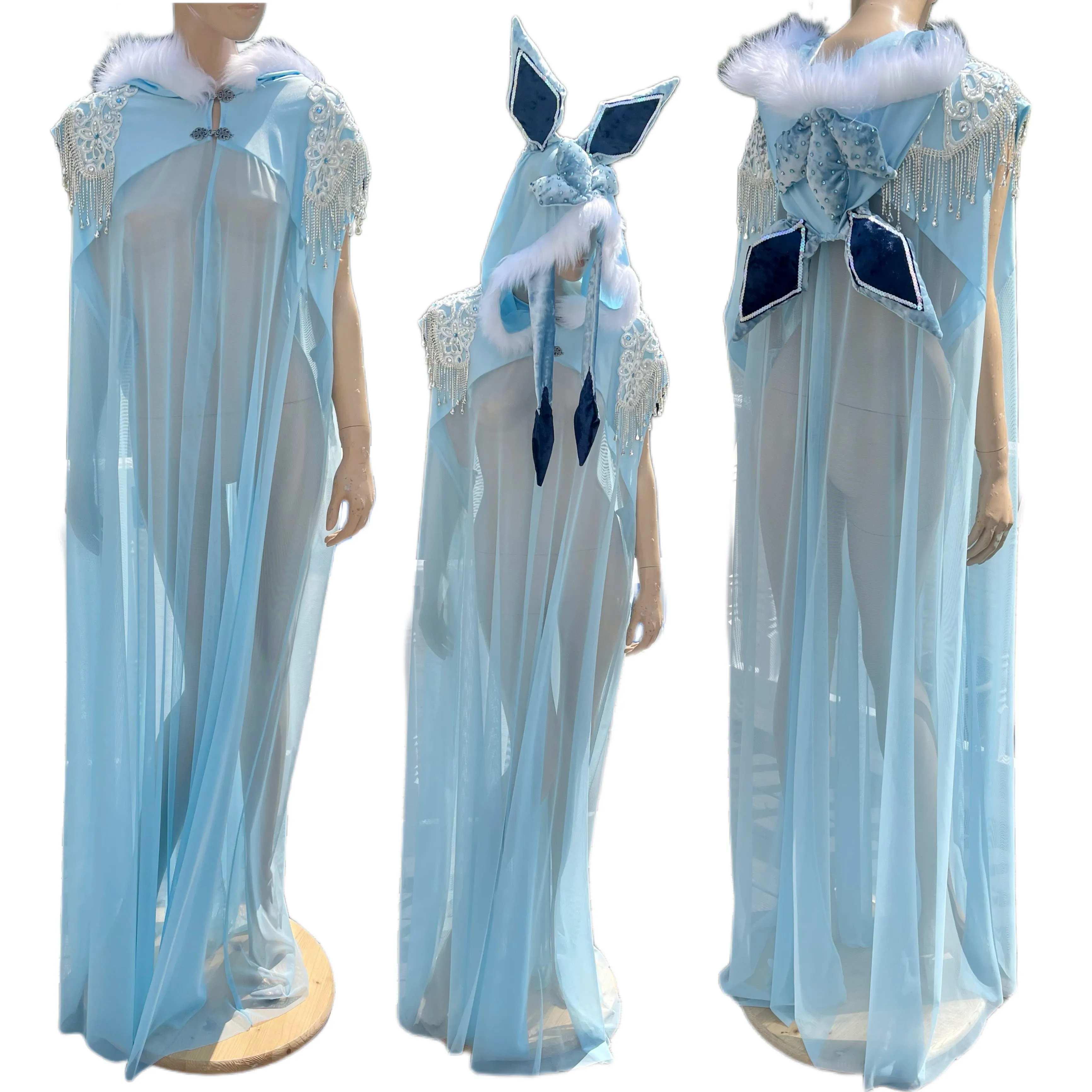 Glaceon Inspired Ear Cape Robe Cosplay Dance Costume Halloween