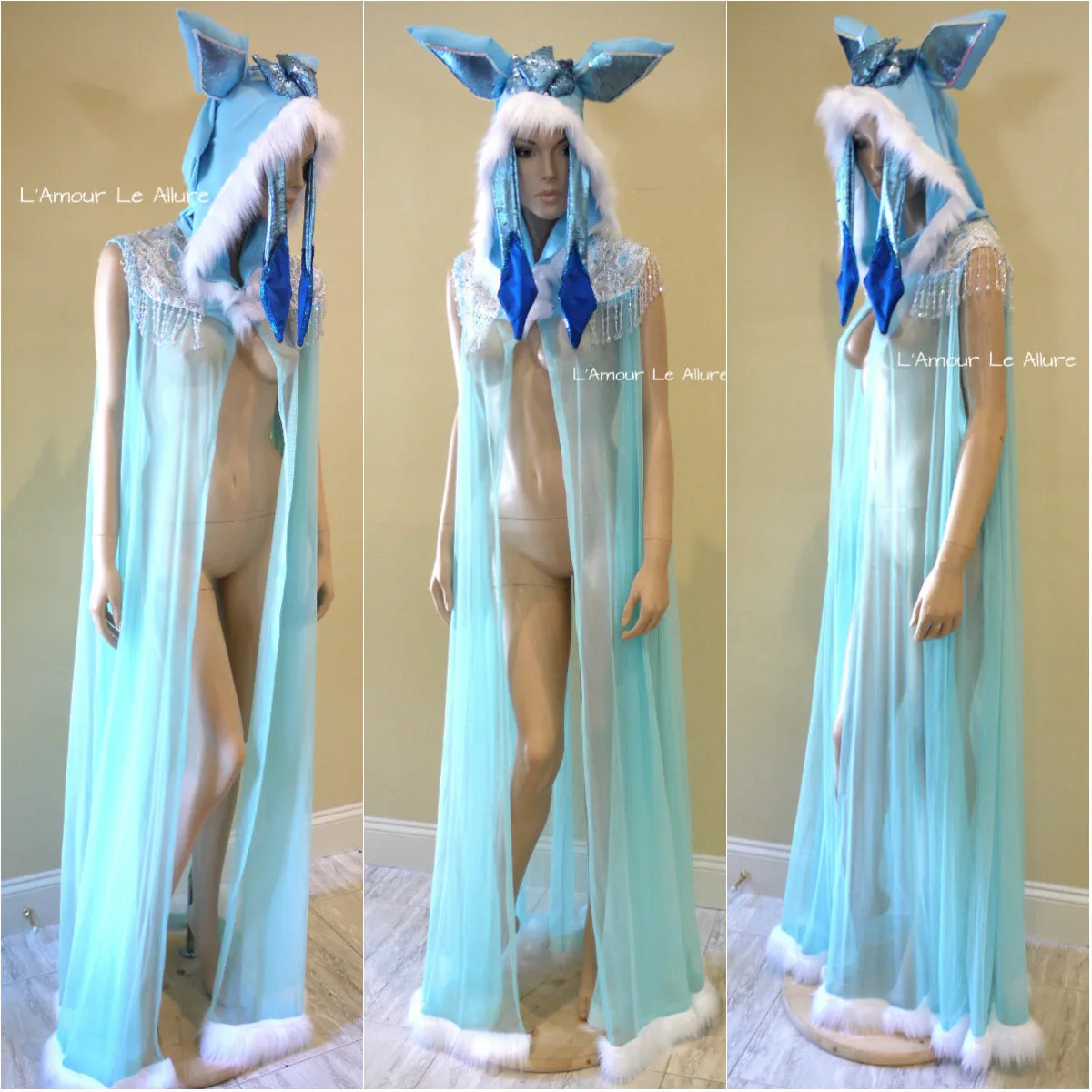Glaceon Inspired Ear Cape Robe Cosplay Dance Costume Halloween