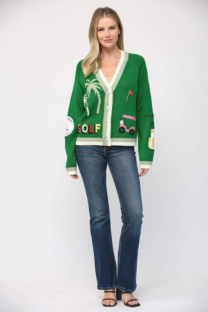 Golf Embroidered Patch Cardigan Sweater