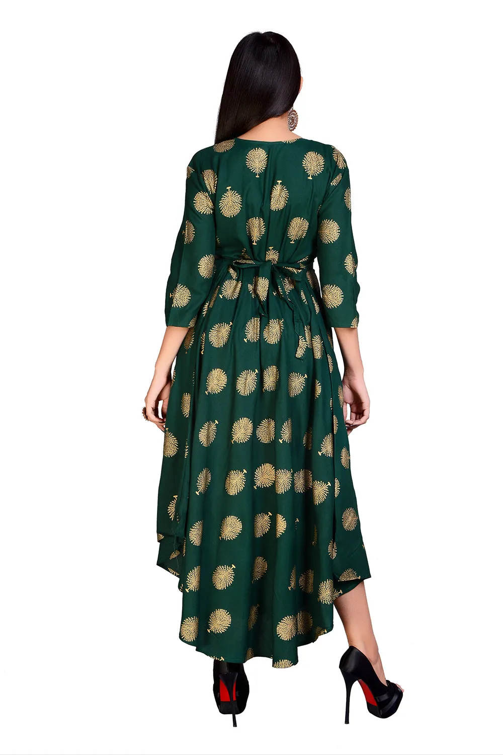 Green Rayon Women Long Green Gold Maxi