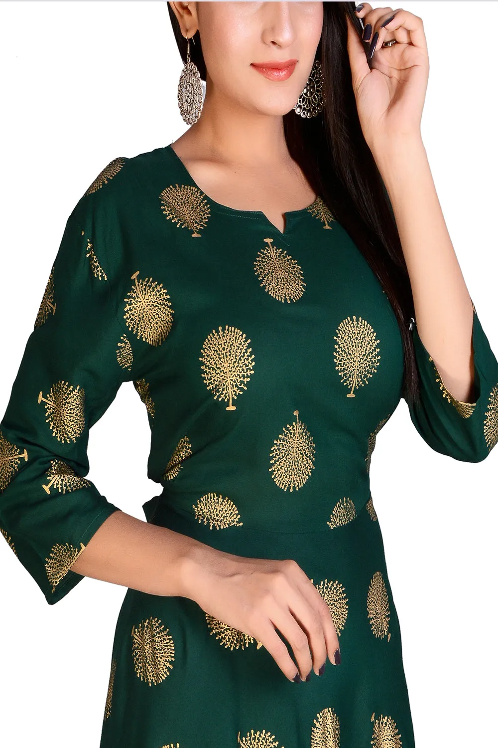 Green Rayon Women Long Green Gold Maxi