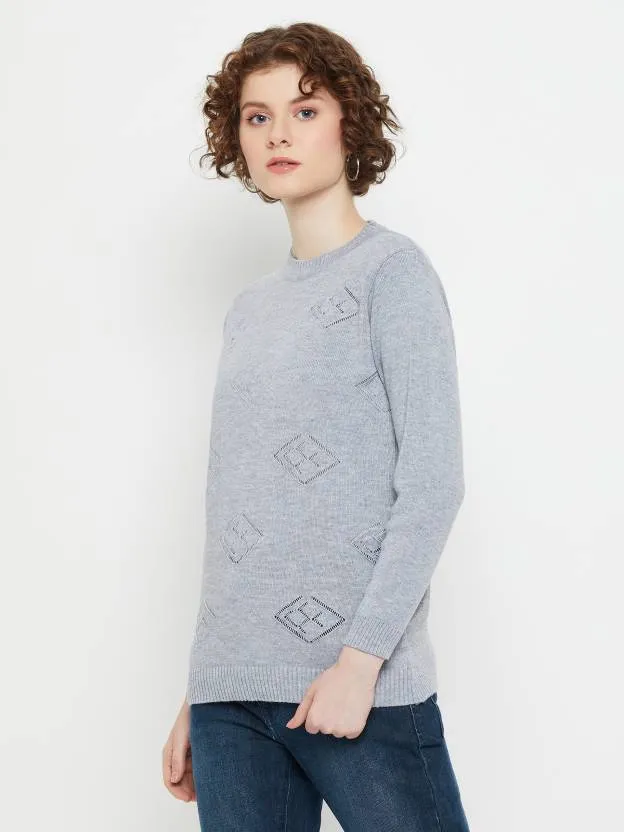 Grey round neck Self Design sweater