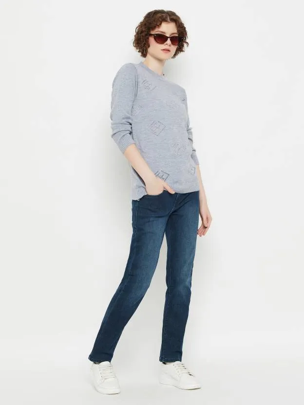 Grey round neck Self Design sweater