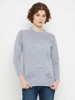 Grey round neck Self Design sweater