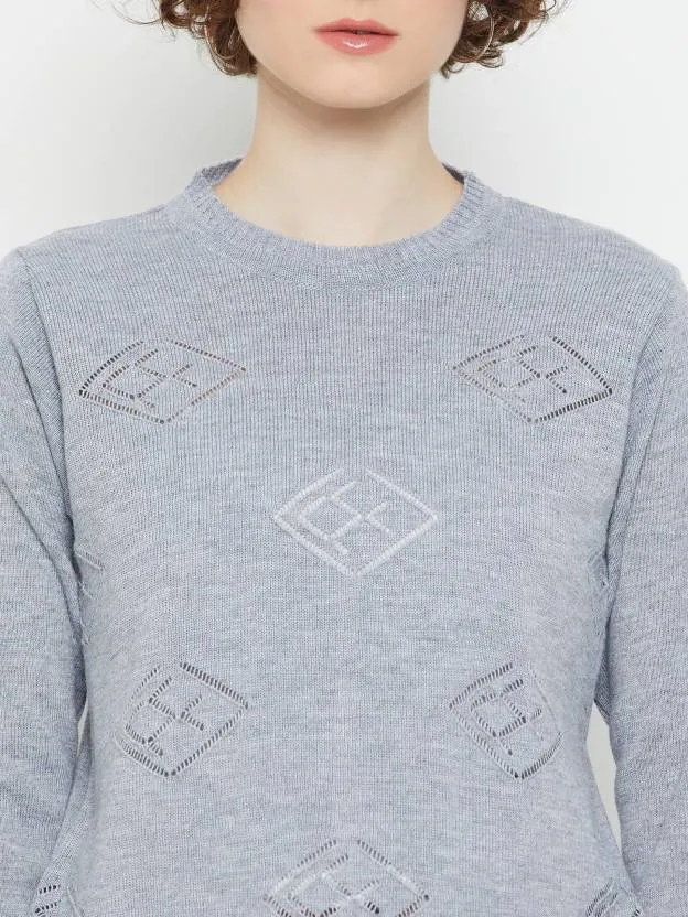 Grey round neck Self Design sweater