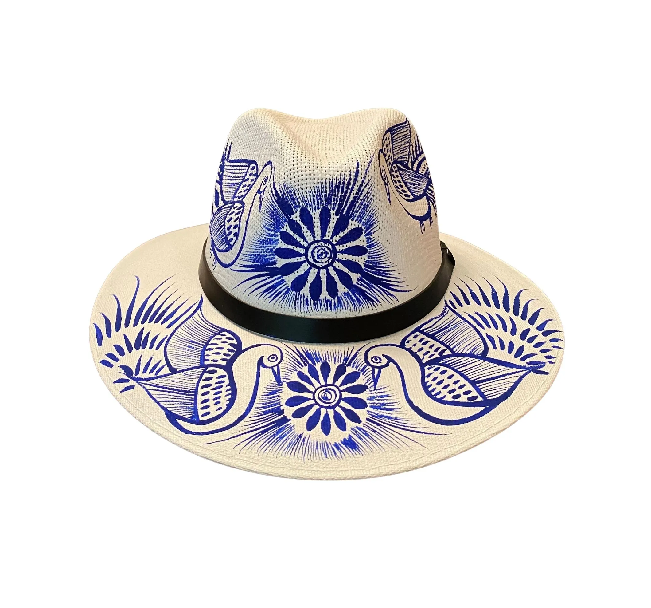 Hand-painted Hat from Mexico - Birds- White, Blue