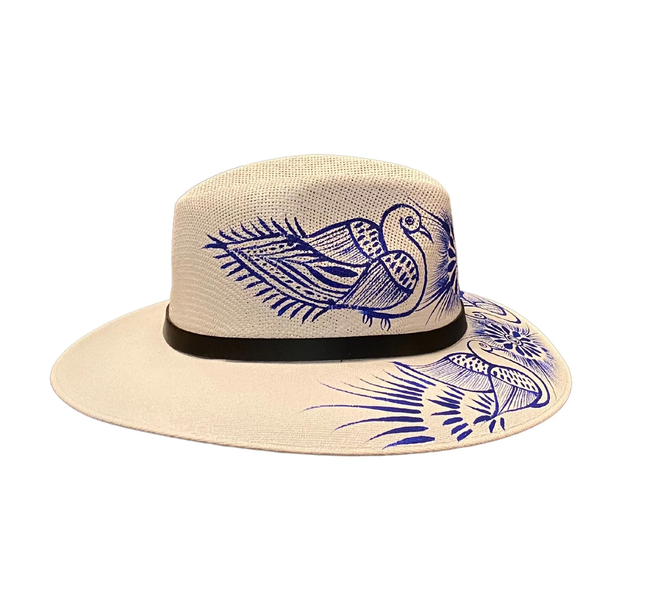 Hand-painted Hat from Mexico - Birds- White, Blue