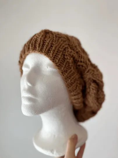 Handknit Cable Slouchy Beanie | Knit Beret | Slouchy Hat in cashew brown | Knit beanie fluffy cozy winter hat