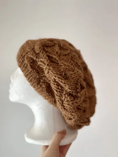 Handknit Cable Slouchy Beanie | Knit Beret | Slouchy Hat in cashew brown | Knit beanie fluffy cozy winter hat