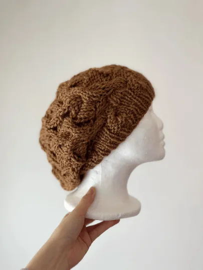 Handknit Cable Slouchy Beanie | Knit Beret | Slouchy Hat in cashew brown | Knit beanie fluffy cozy winter hat