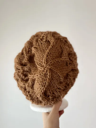 Handknit Cable Slouchy Beanie | Knit Beret | Slouchy Hat in cashew brown | Knit beanie fluffy cozy winter hat