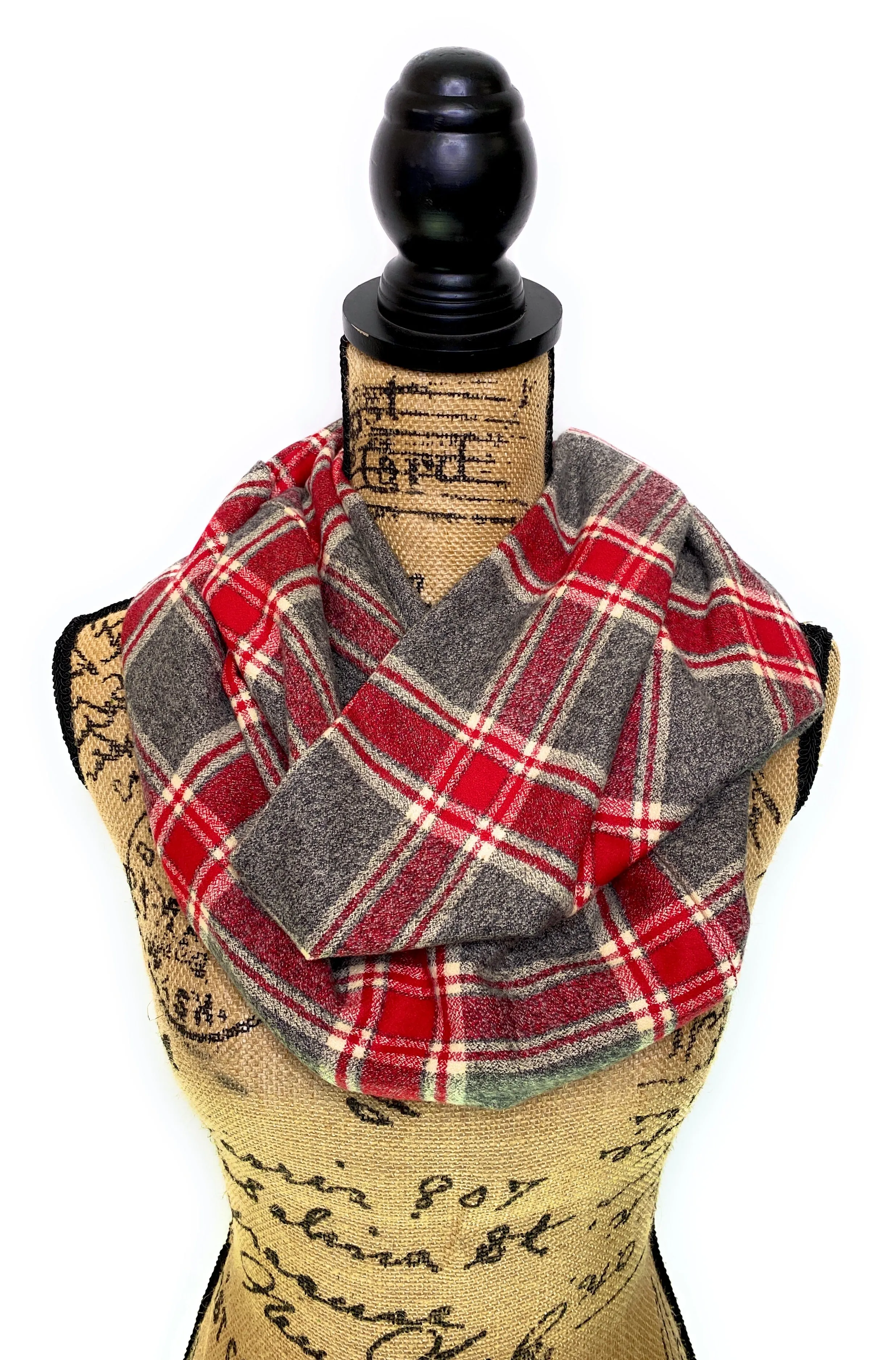 Heather Grey, Red and Cream Luxe Collection Plaid Infinity and Blanket Scarves