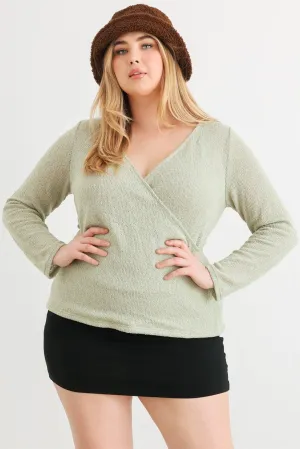 Junior Plus Light Green Knit Wrap Neck Long Sleeve Top /3-2-1
