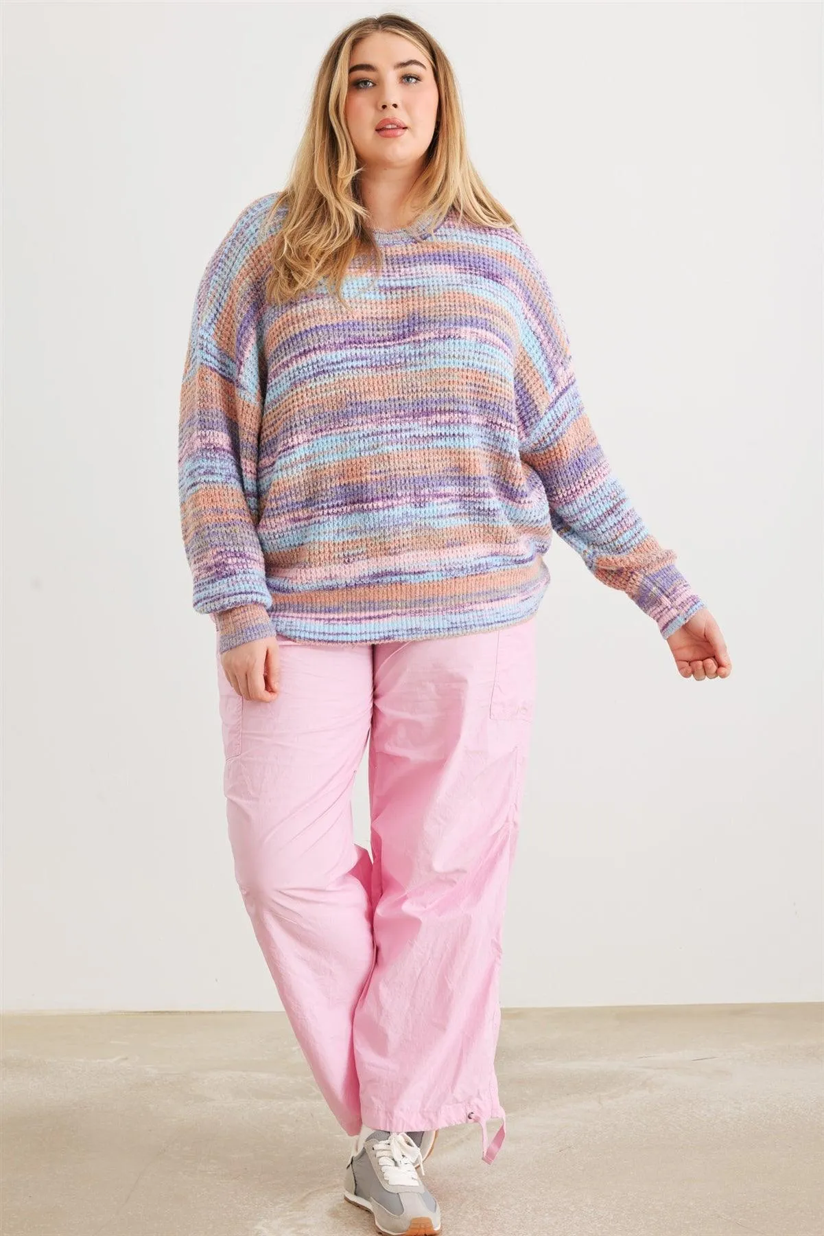 Junior Plus Multi Crochet Knit Crew Neck Long Sleeve Sweater /3-2-1