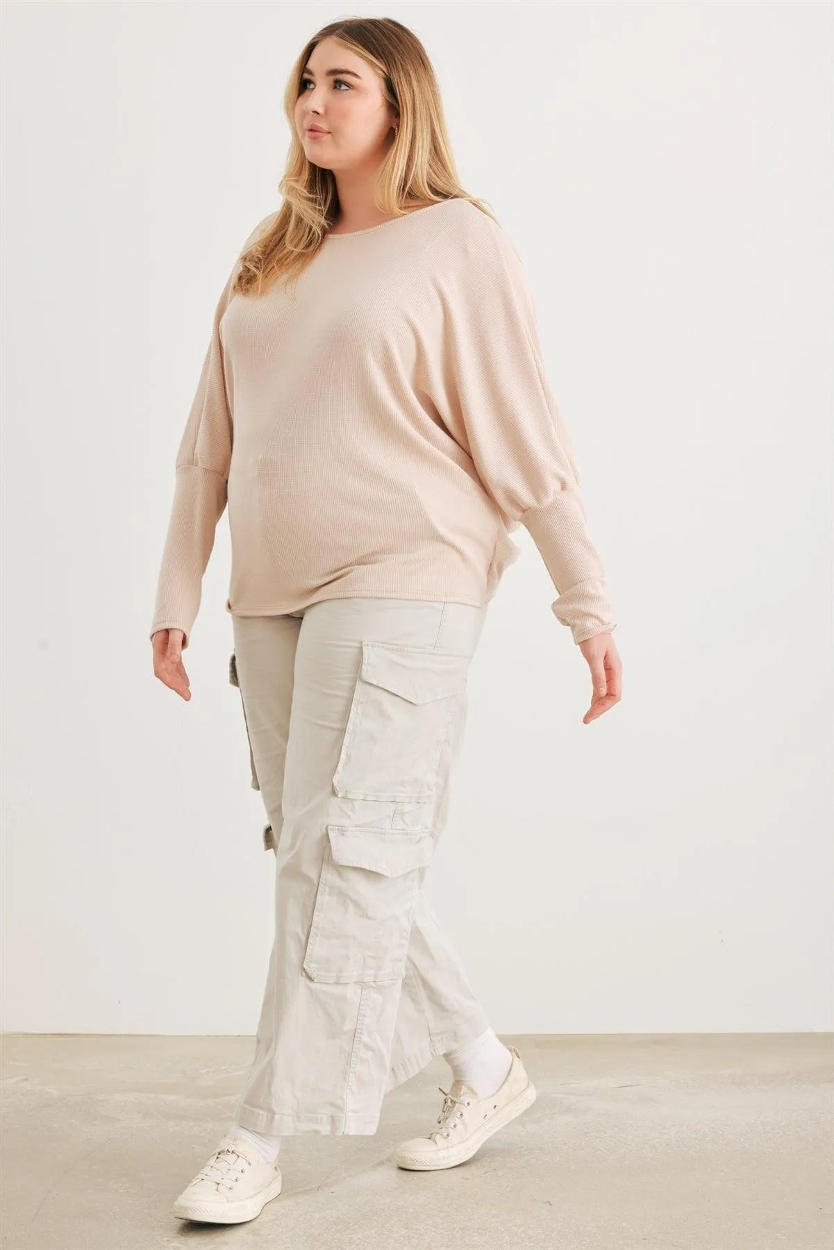 Junior Plus Sand Knit Batwing Sleeve Wrap Open Back Top /1-2-1