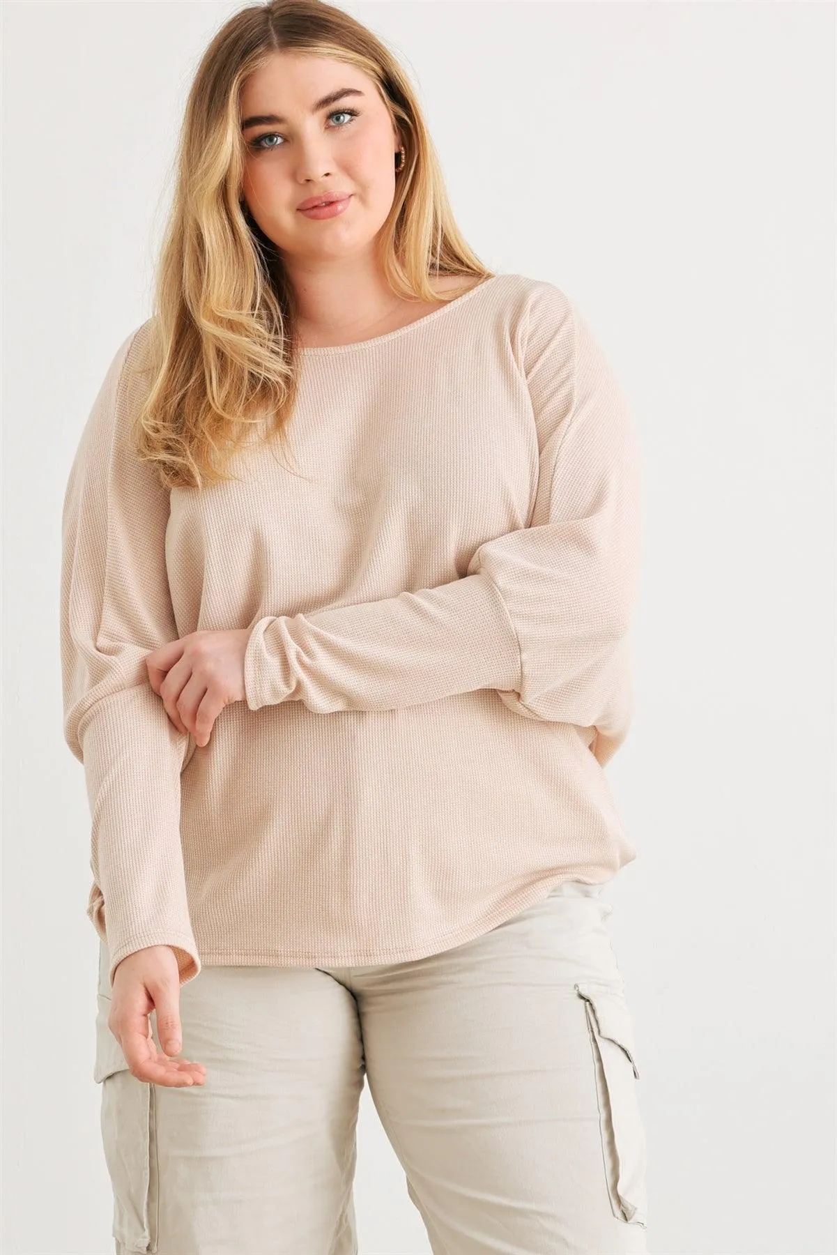 Junior Plus Sand Knit Batwing Sleeve Wrap Open Back Top /1-2-1