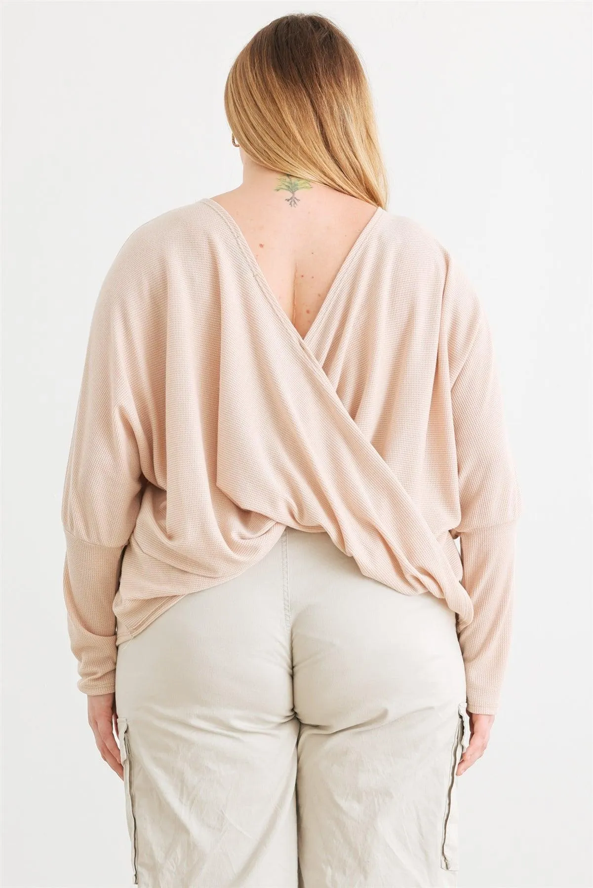 Junior Plus Sand Knit Batwing Sleeve Wrap Open Back Top /1-2-1