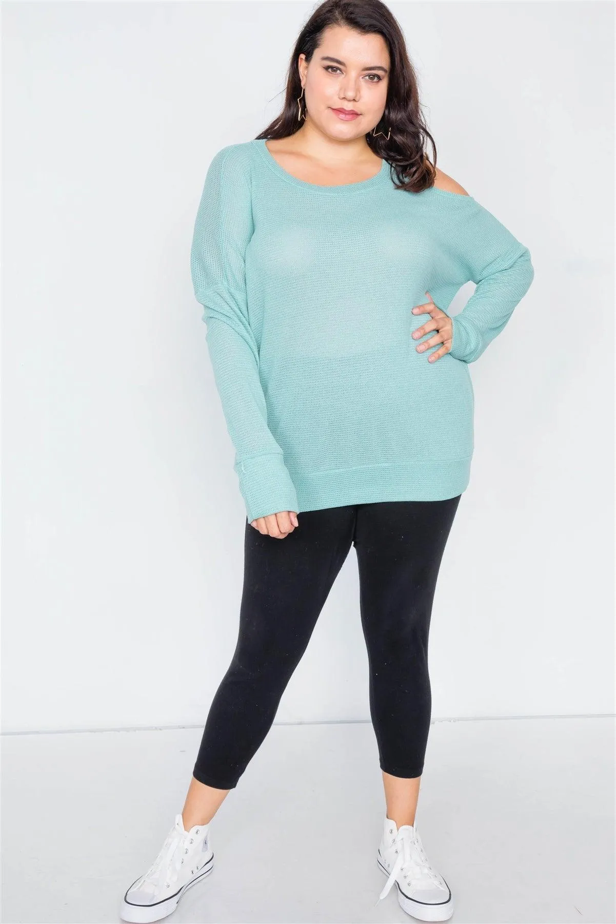Junior Plus Size Sheer Mint Cotton Could Shoulder Top