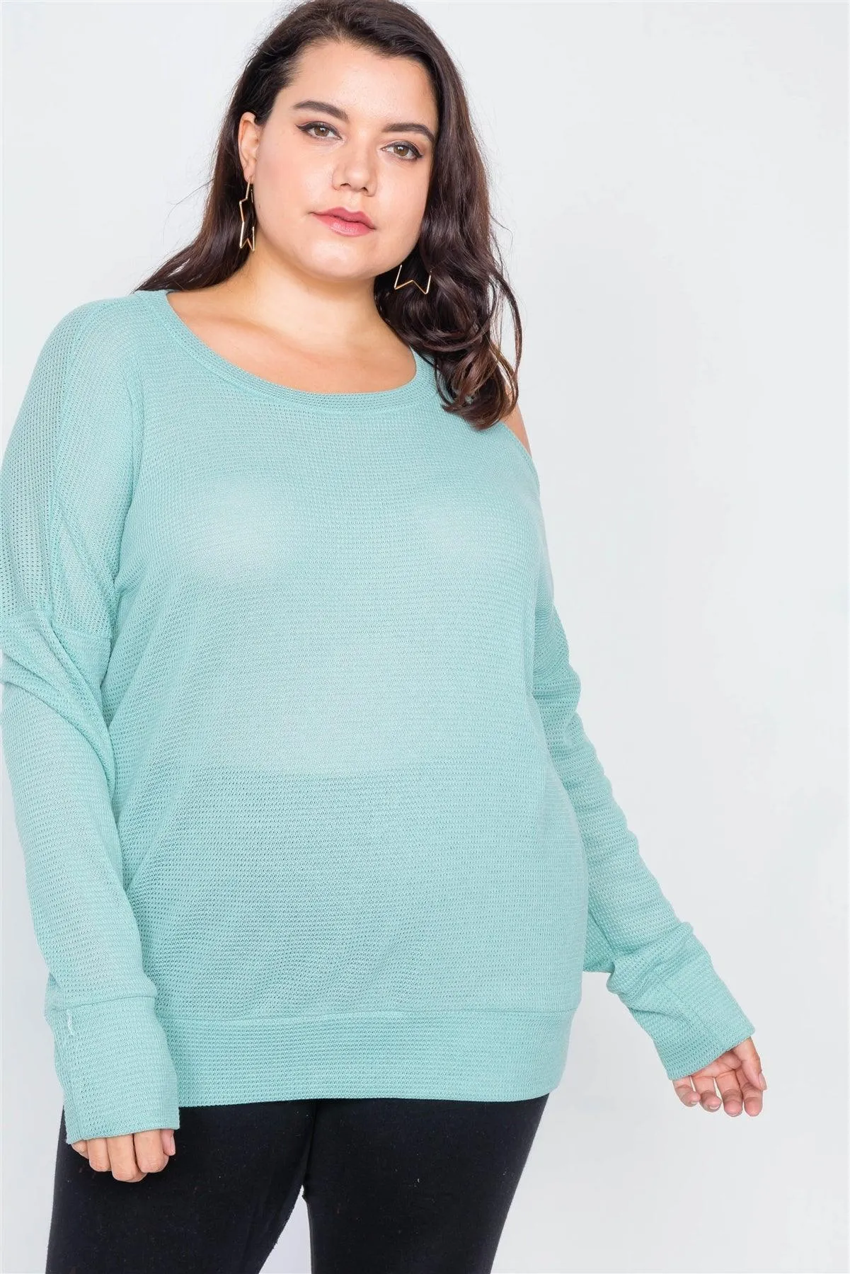 Junior Plus Size Sheer Mint Cotton Could Shoulder Top