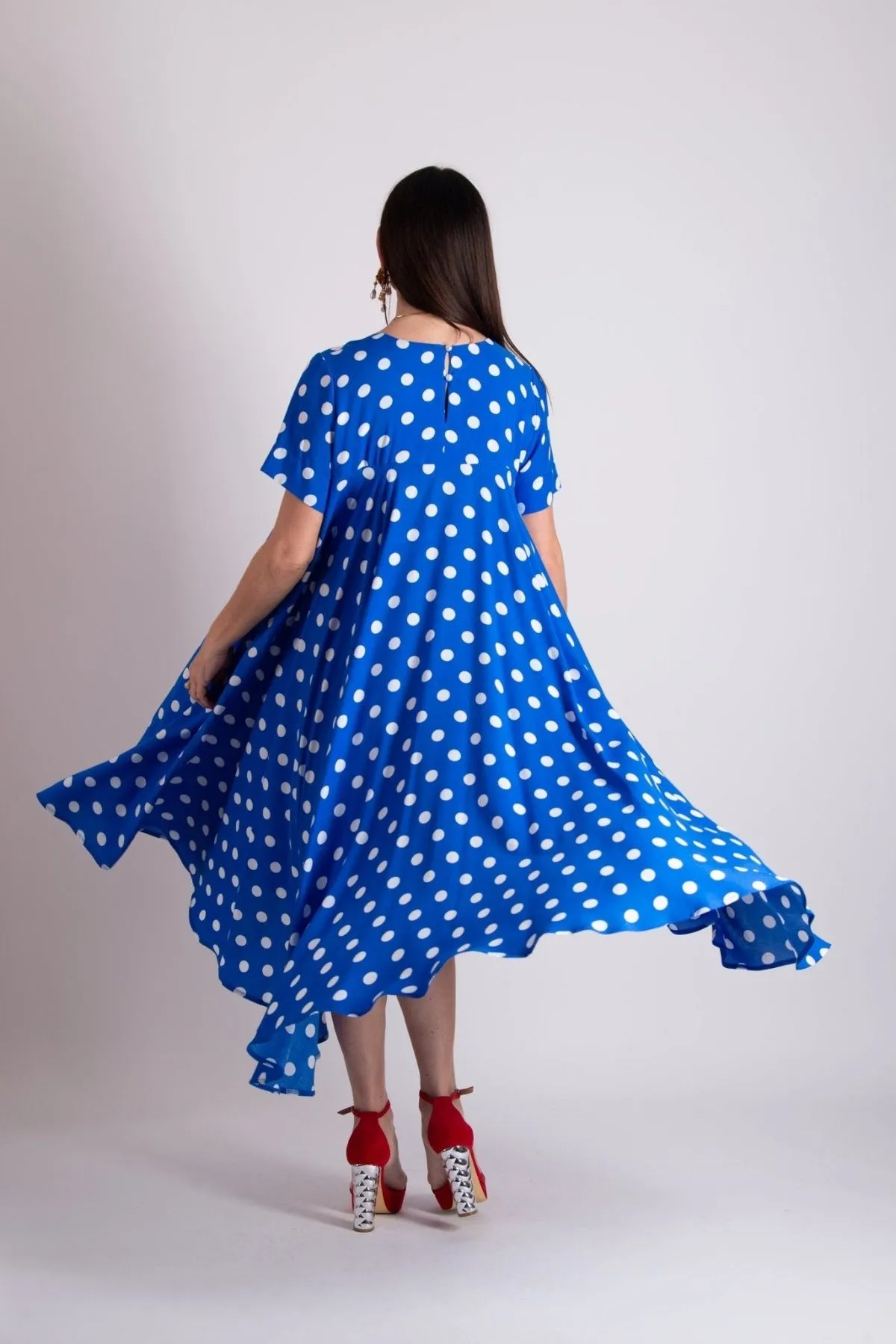 KOSARA Blue Polka Dot Summer Maxi Dress