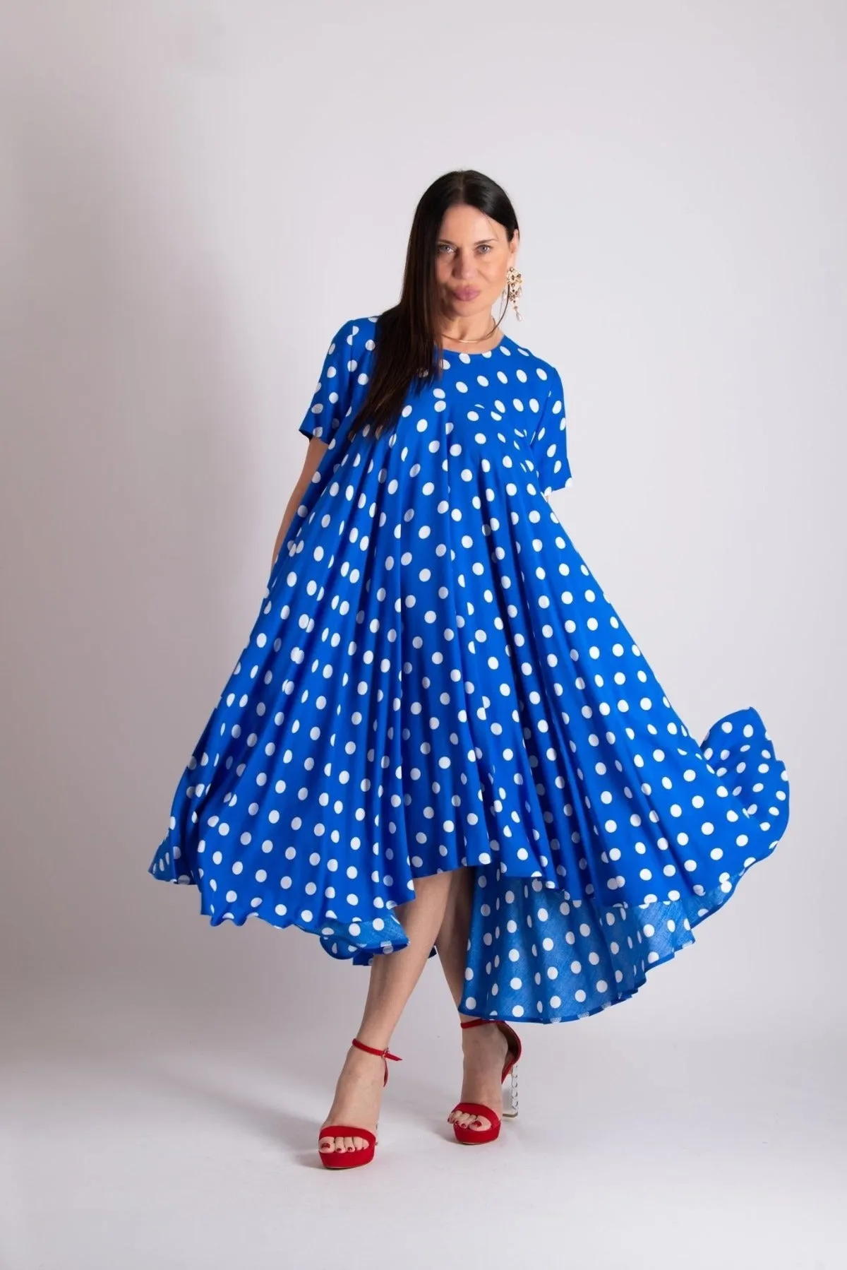 KOSARA Blue Polka Dot Summer Maxi Dress