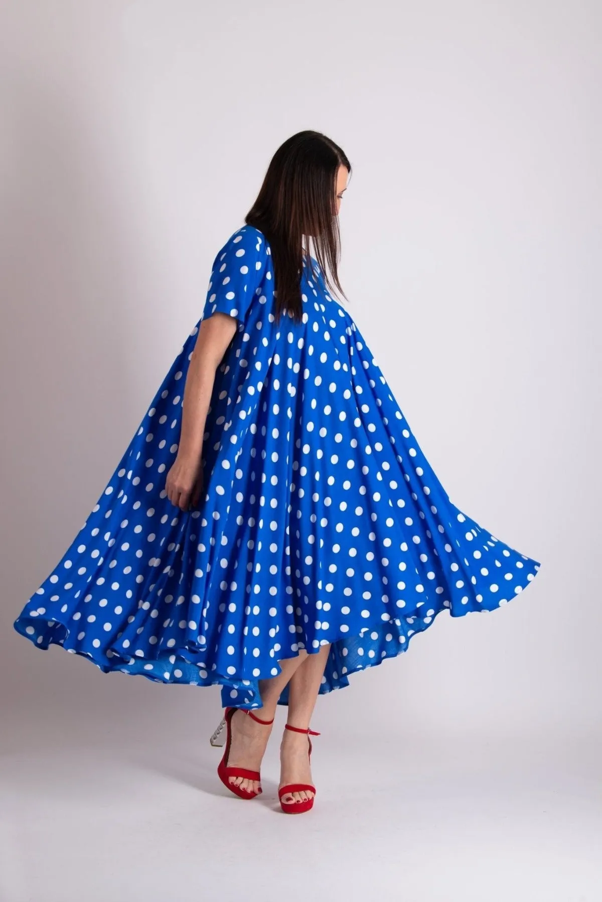 KOSARA Blue Polka Dot Summer Maxi Dress