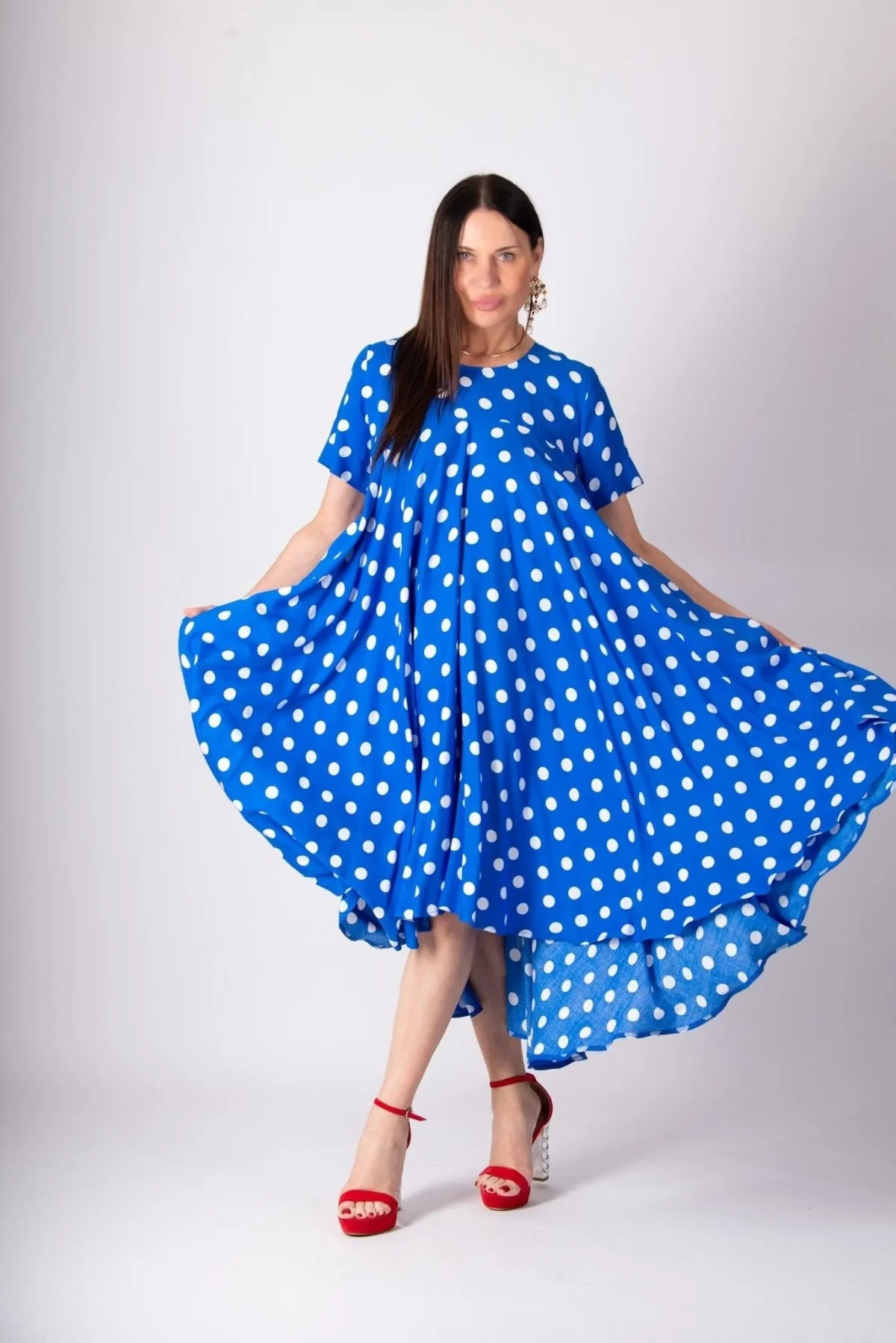 KOSARA Blue Polka Dot Summer Maxi Dress