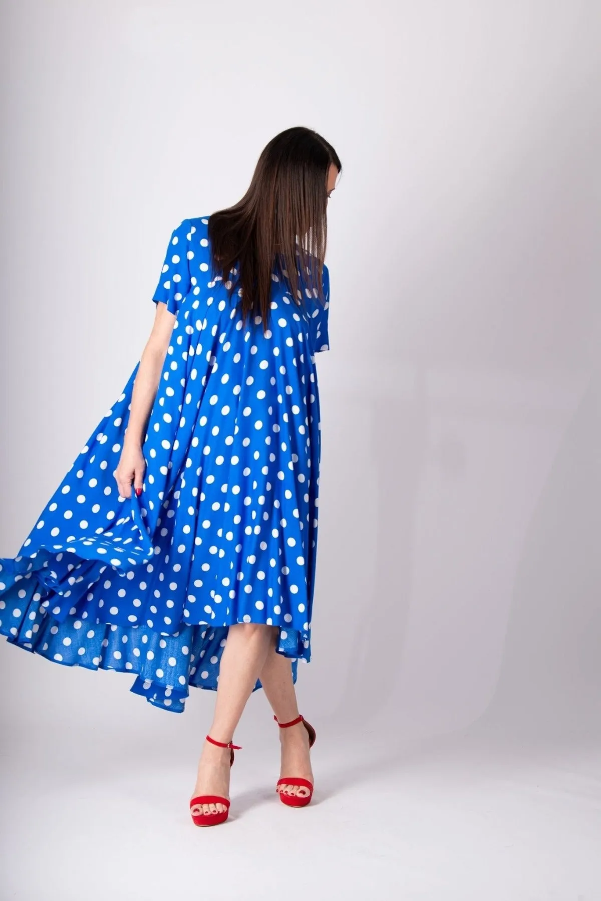 KOSARA Blue Polka Dot Summer Maxi Dress