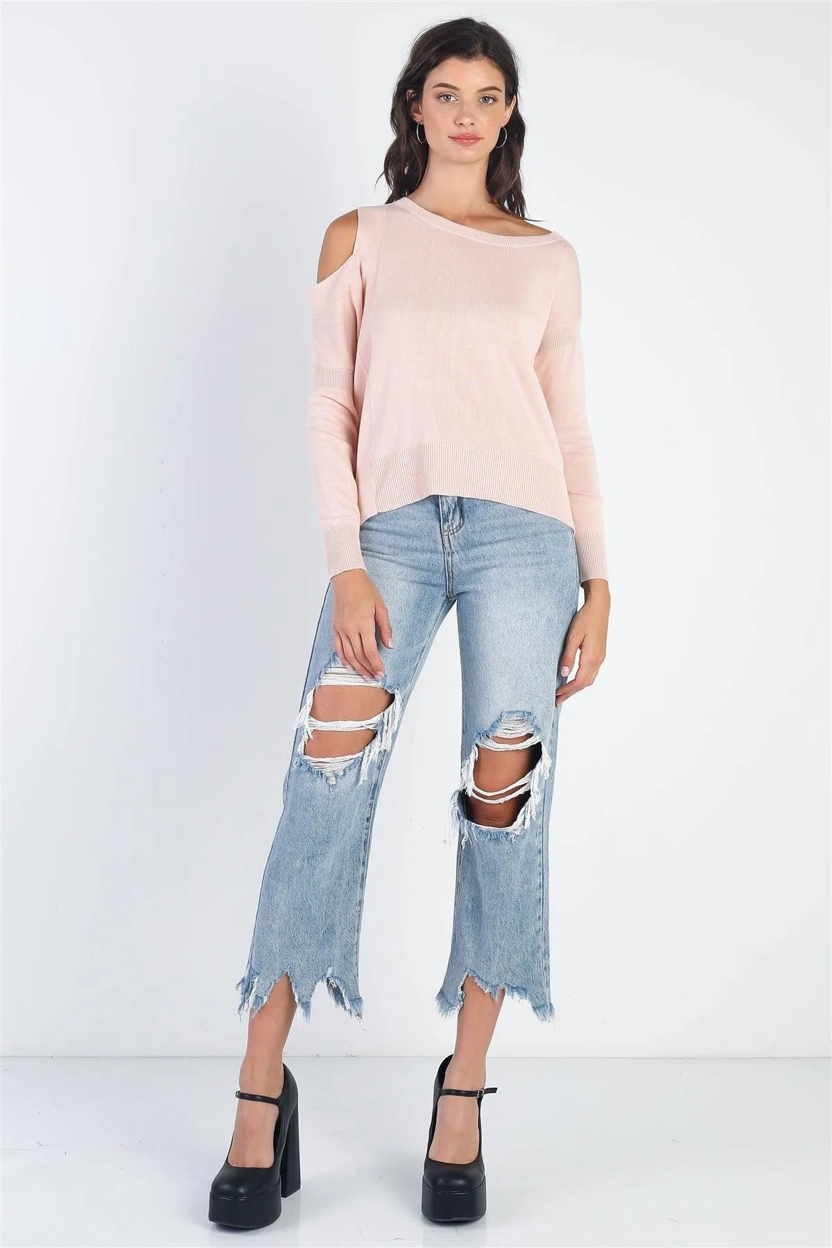 Light Pink Cold Shoulder Long Sleeve Knit Top /4-2-1