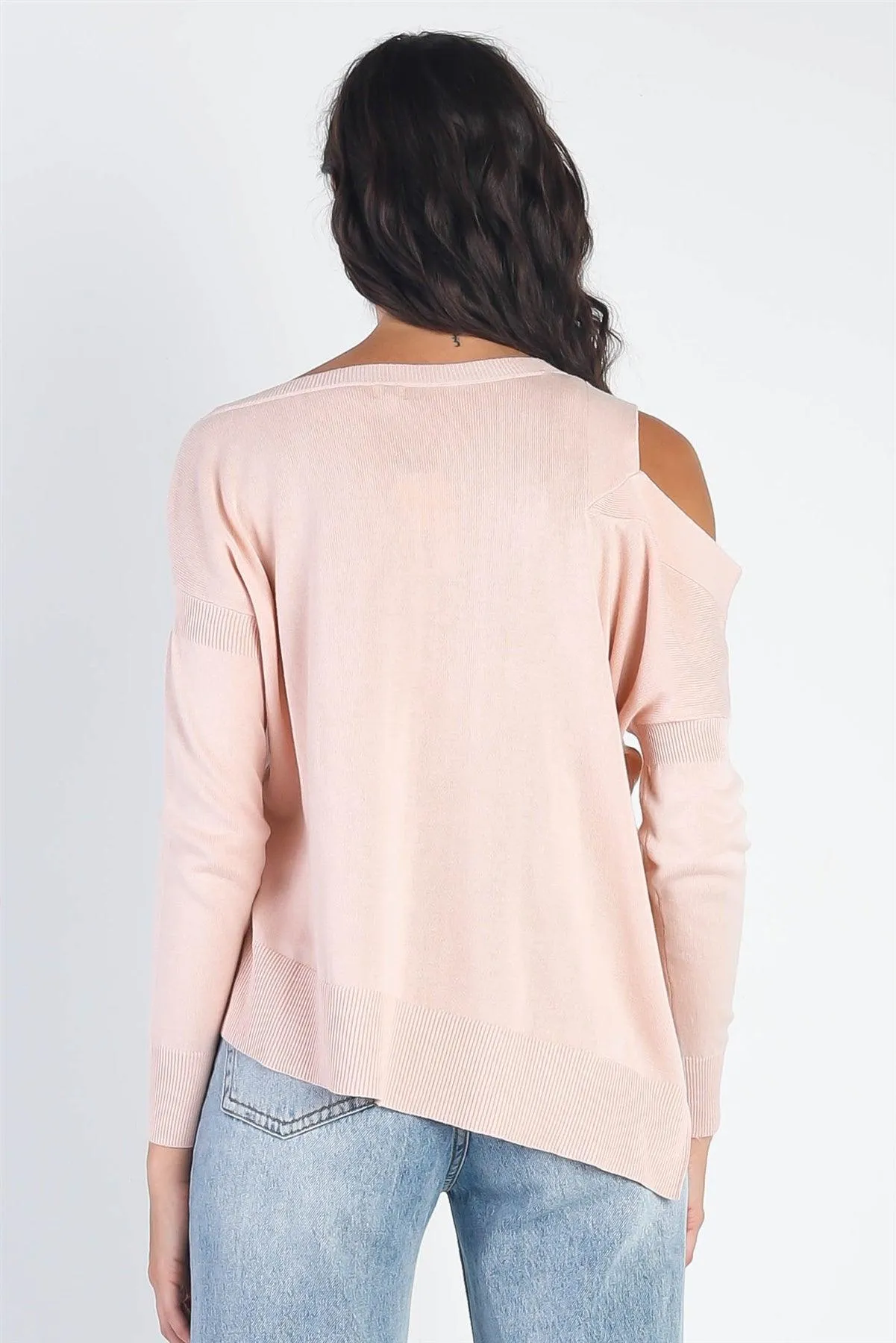 Light Pink Cold Shoulder Long Sleeve Knit Top /4-2-1