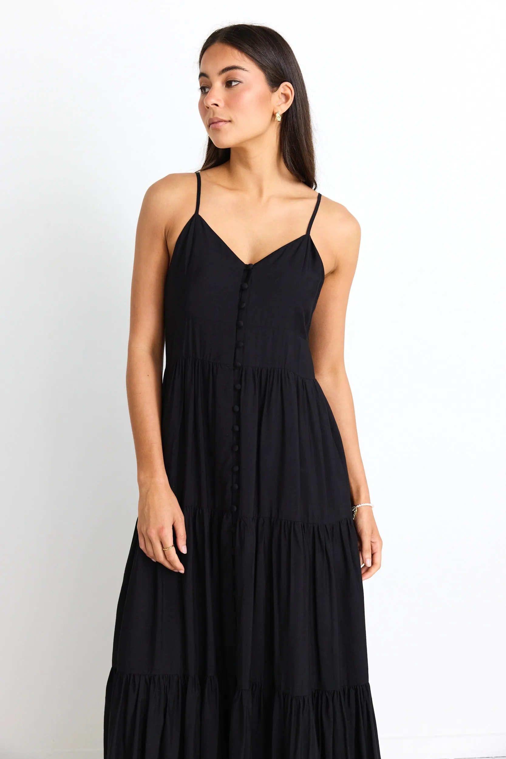 Lilibet Black Strappy Button Front Maxi Dress