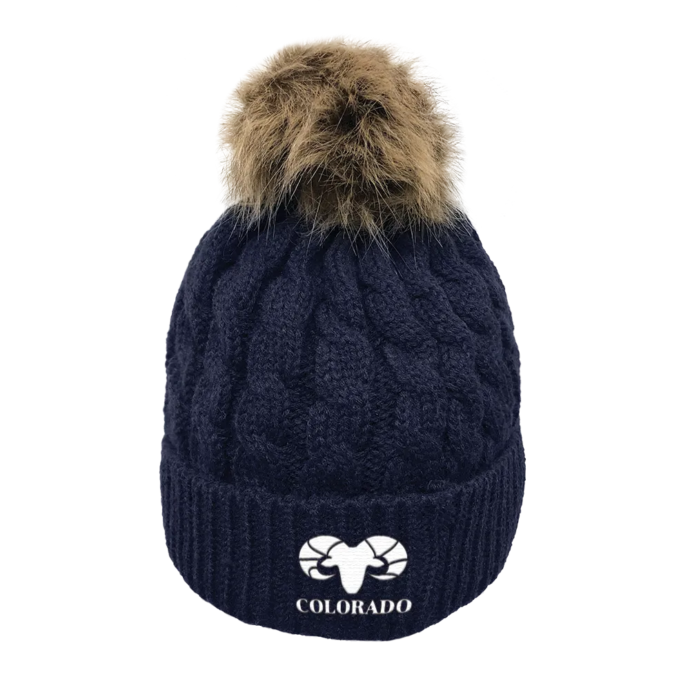 Limited Edition - Rocky Mountain Bighorn Sheep - Cable Knit Pom Pom Beanie - Dark Navy