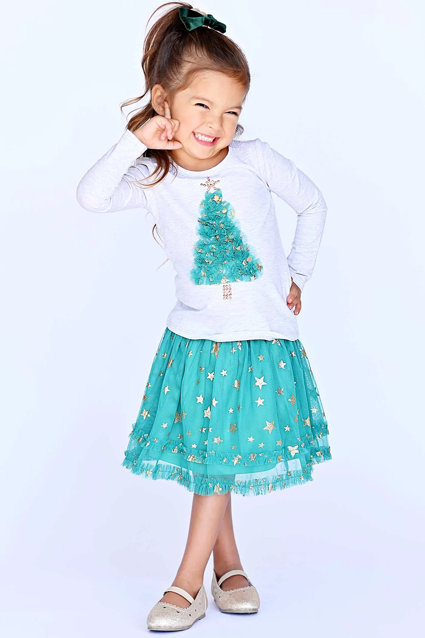 Little Girls Christmas Tree Long Sleeve Top