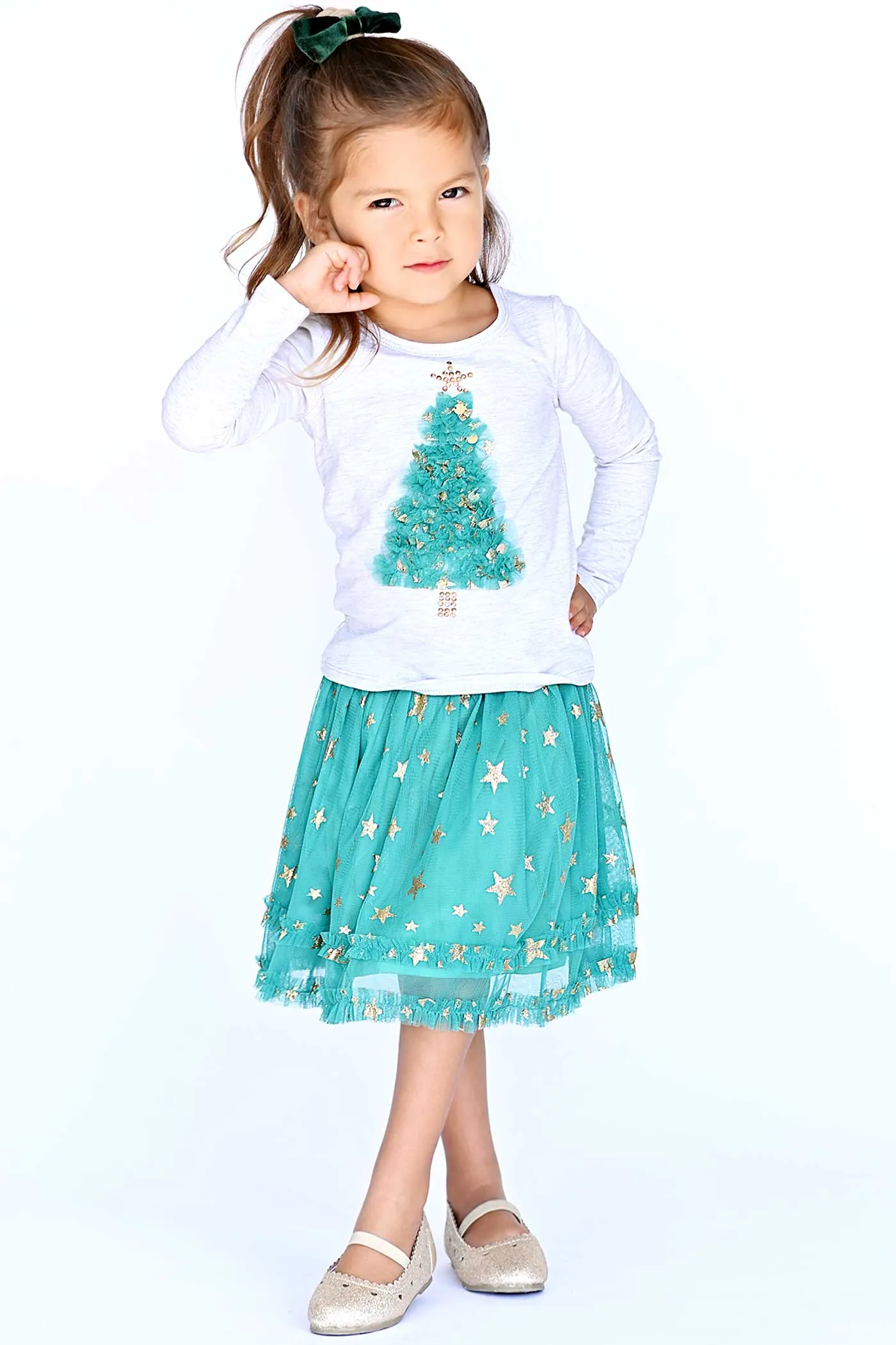 Little Girls Christmas Tree Long Sleeve Top