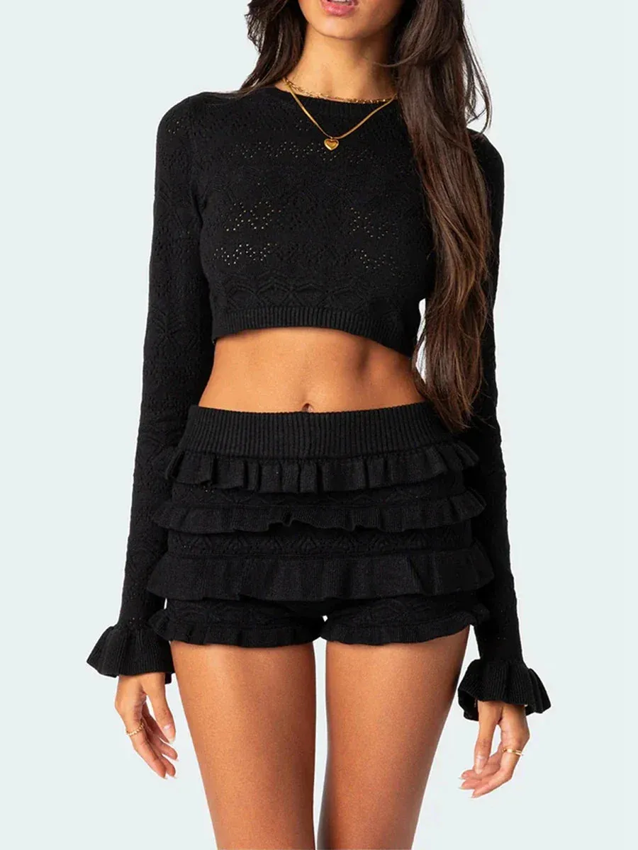 Long Sleeve Knit Top Graceful And Layered Ruffles Shorts Set