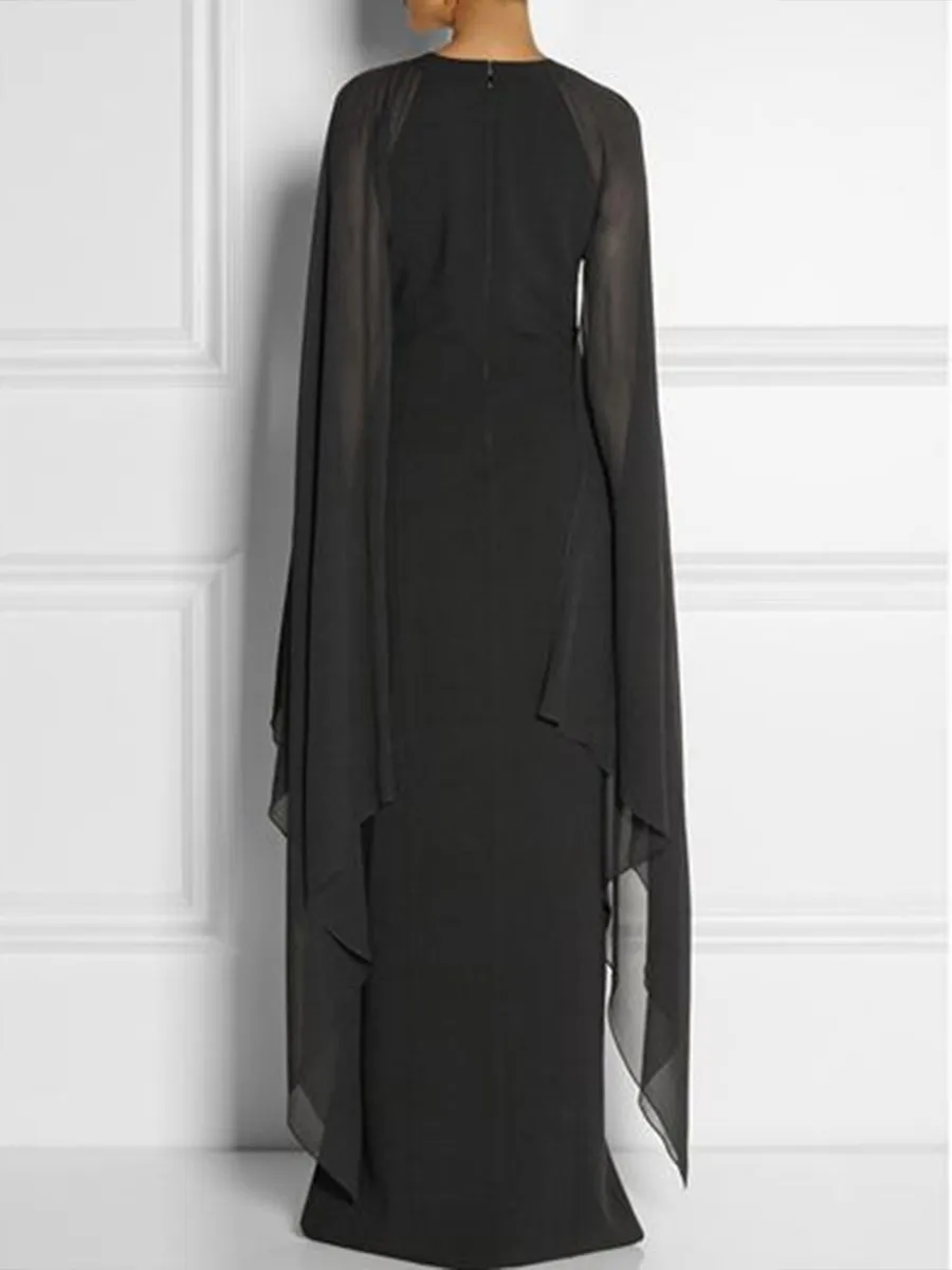 Long-Sleeved Cape Open Sleeve High Slit Plain Chiffon Maxi Dress