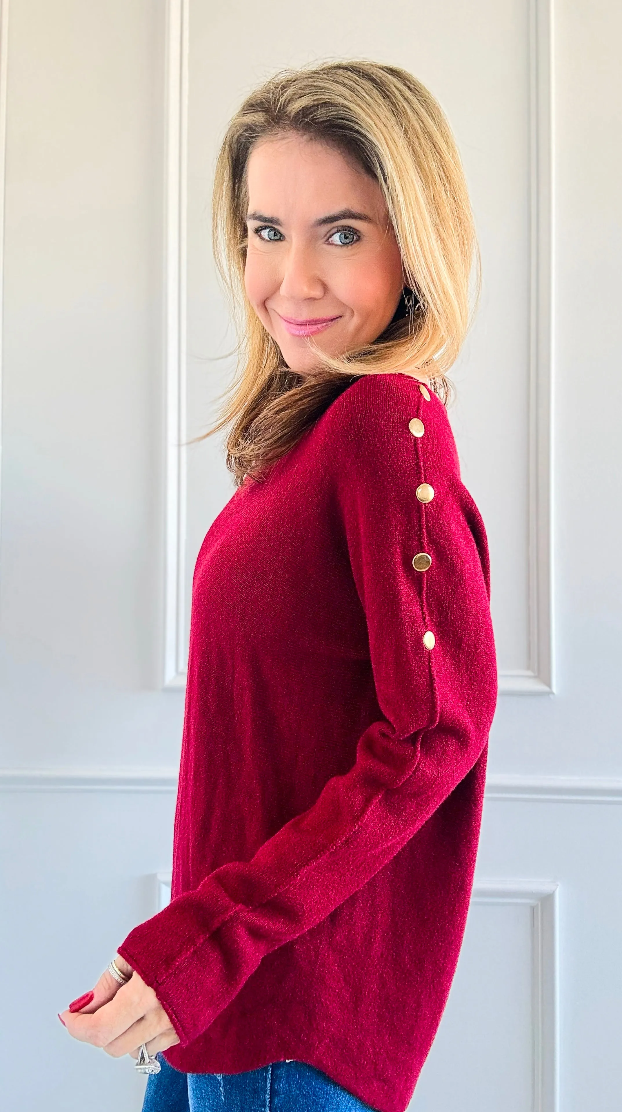 Luxe Shoulder Italian Knit Sweater- Burgundy