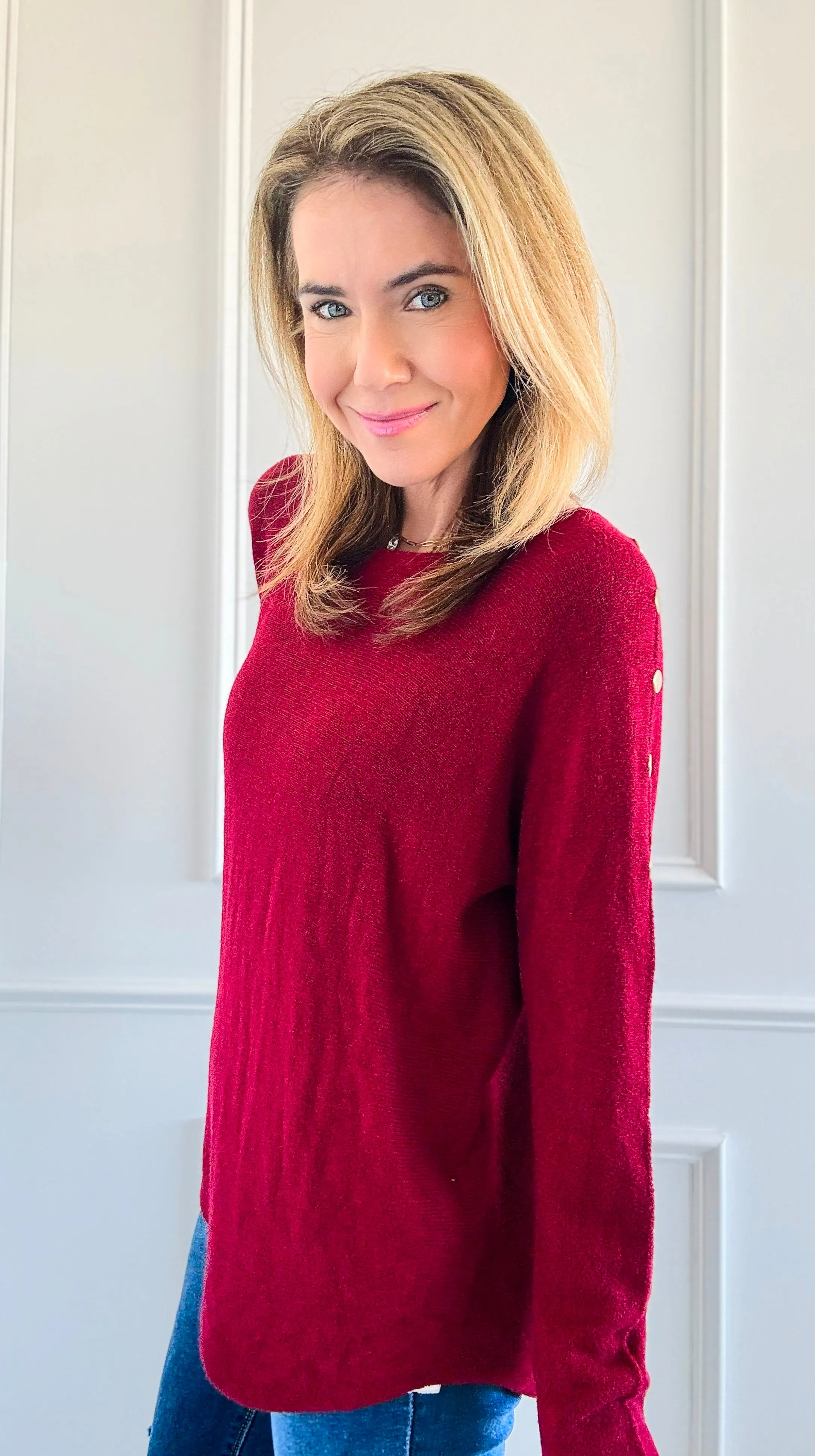 Luxe Shoulder Italian Knit Sweater- Burgundy