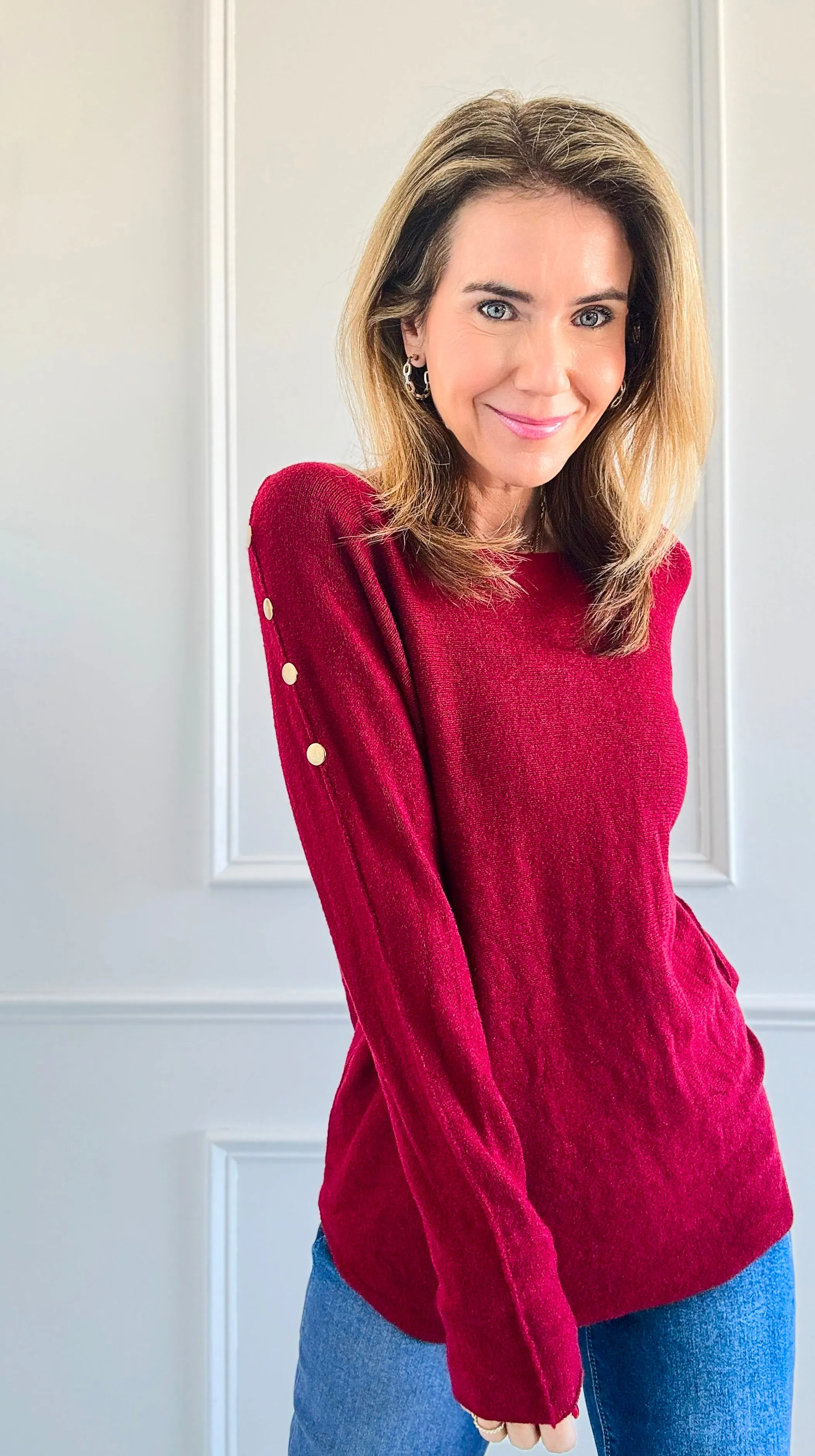 Luxe Shoulder Italian Knit Sweater- Burgundy
