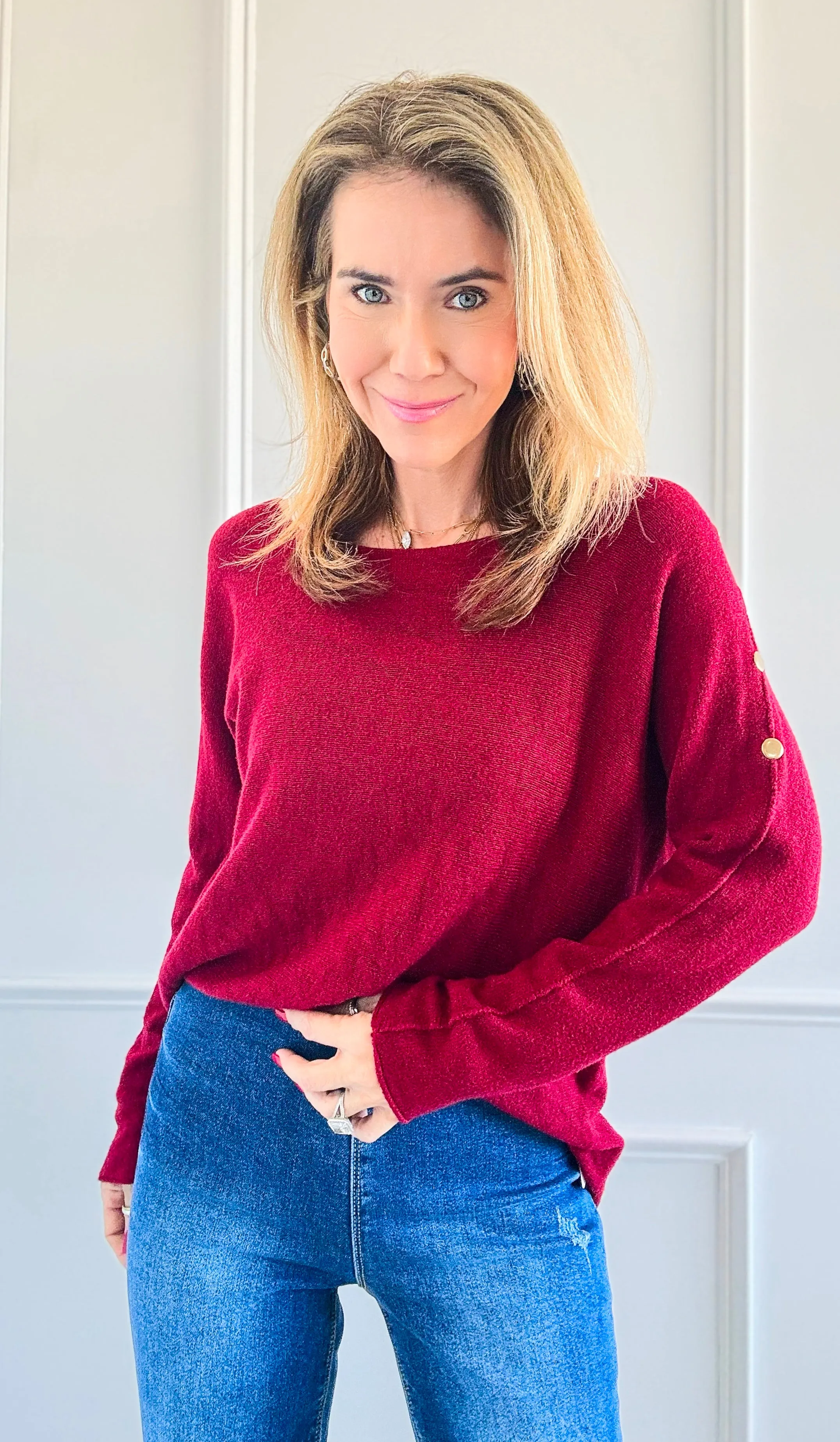 Luxe Shoulder Italian Knit Sweater- Burgundy