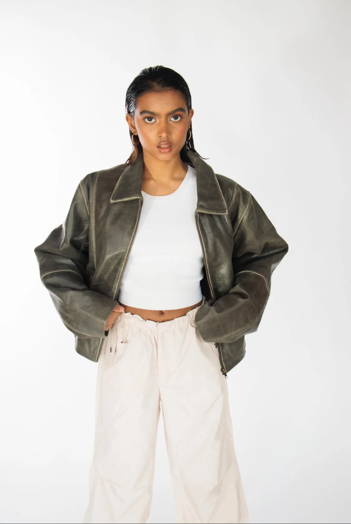 Mabel Distressed Boxy Leather Jacket