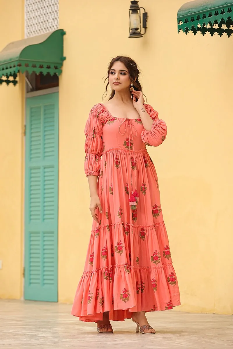 Masakali Peach Tiered Long Dress