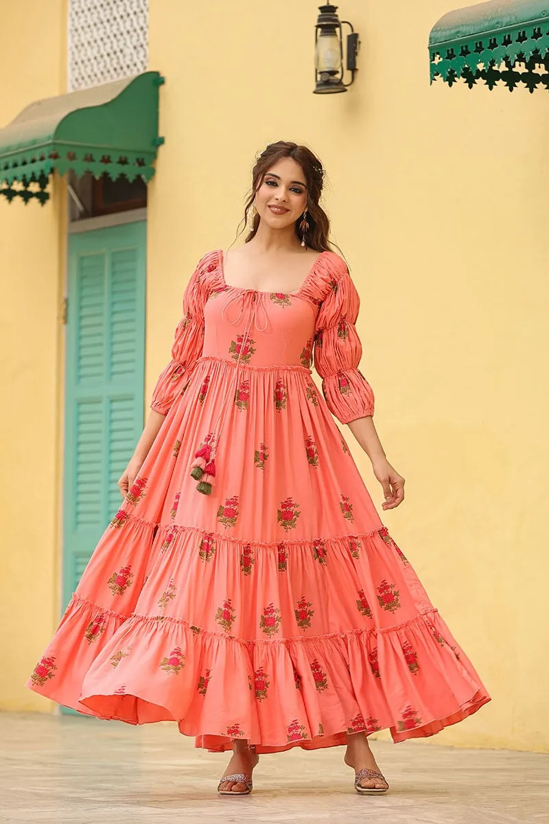 Masakali Peach Tiered Long Dress
