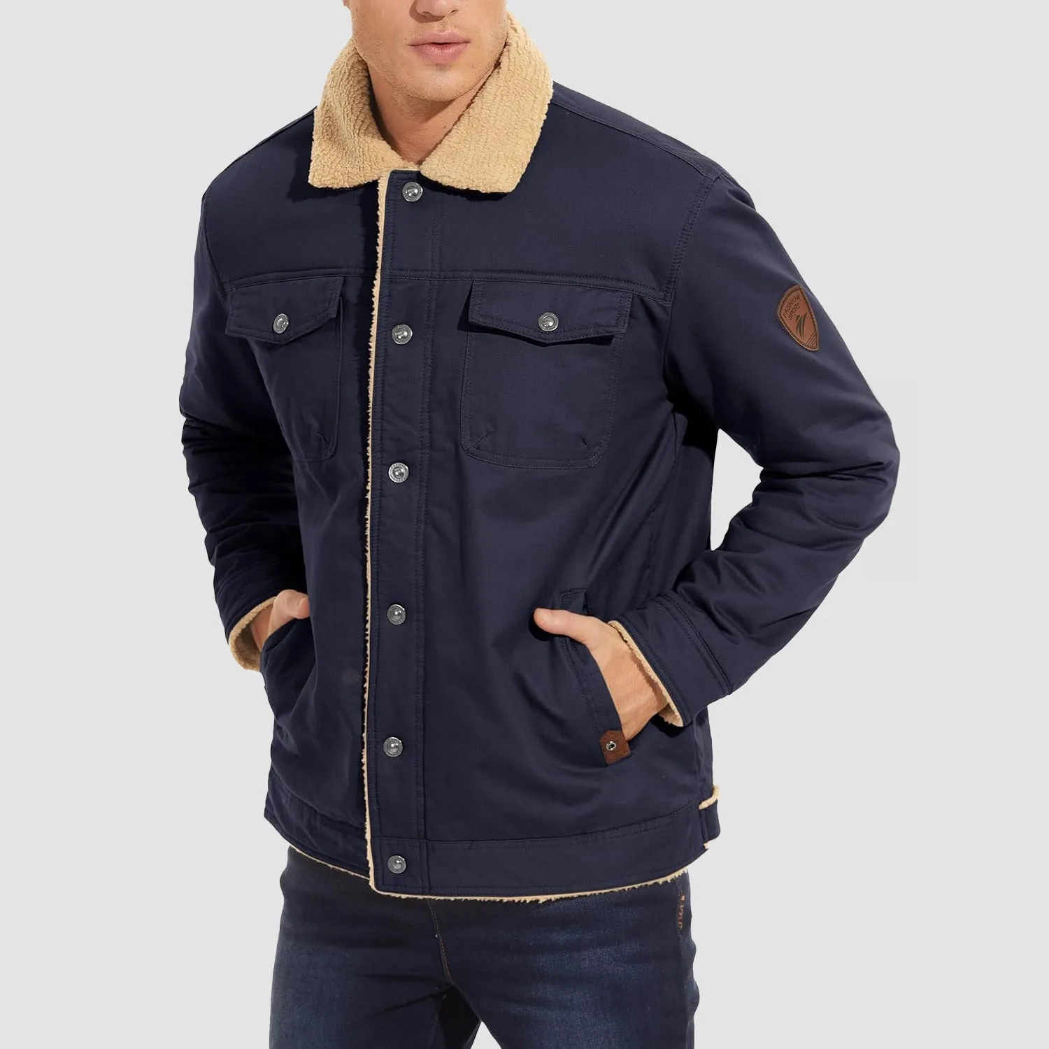 Men's Lined Sherpa Jacket - Warm Multi Pocket Trucker Coat