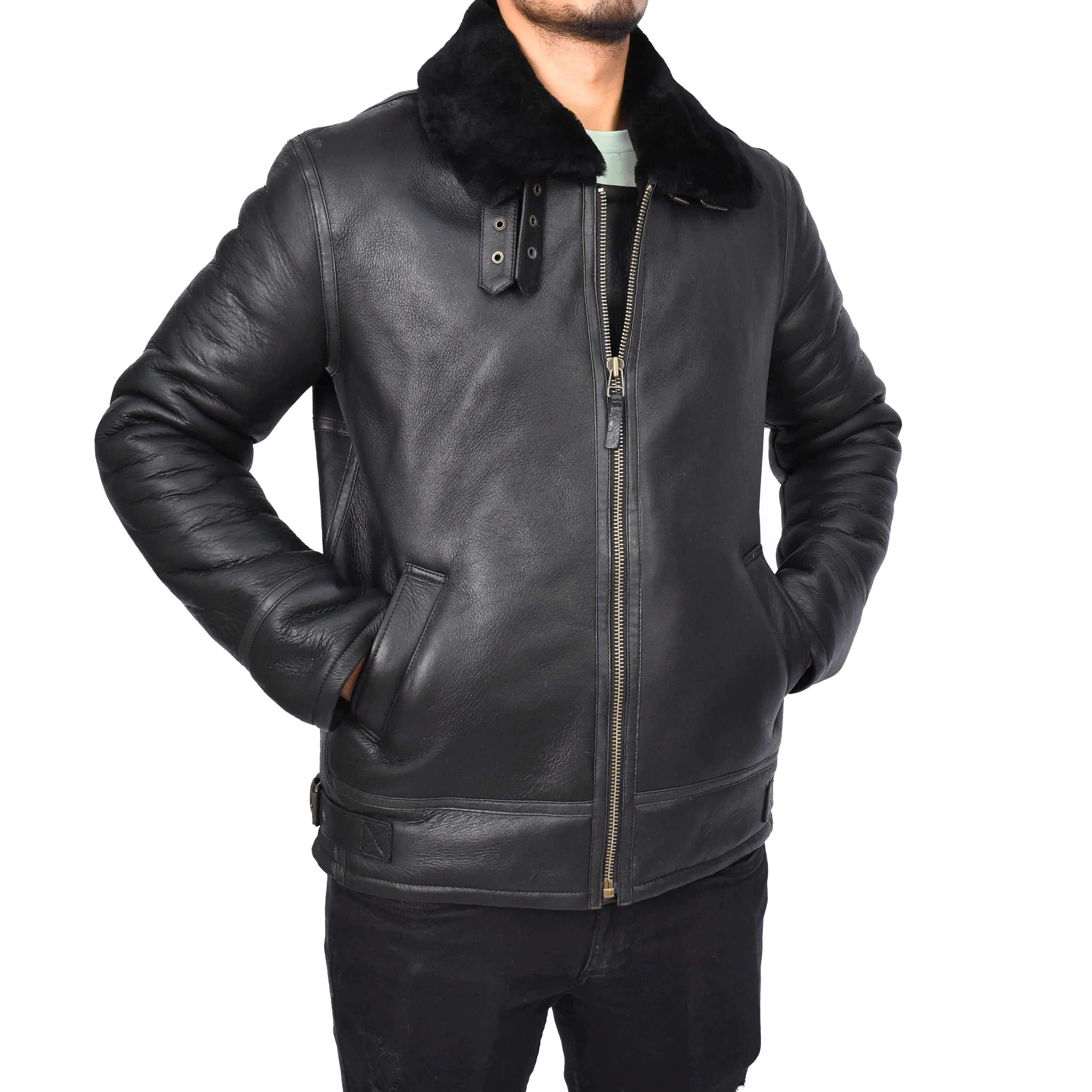 Men's Top Gun Style Real Sheepskin Jacket Black Jannick