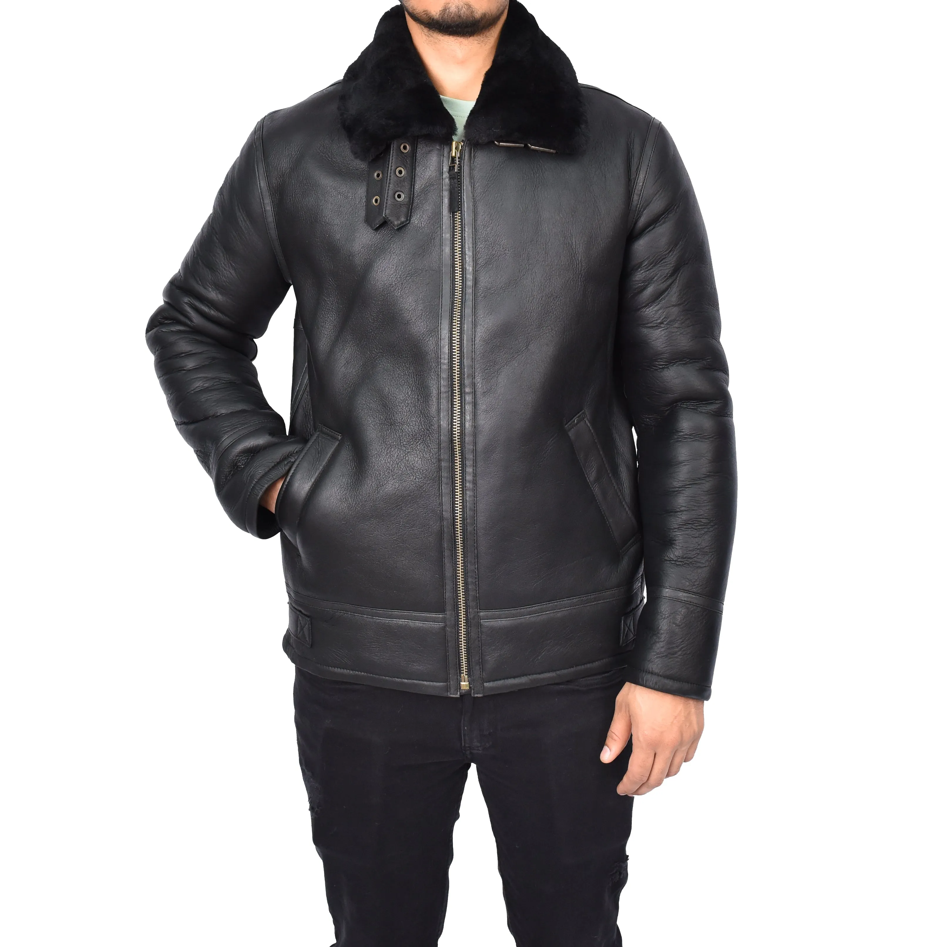 Men's Top Gun Style Real Sheepskin Jacket Black Jannick