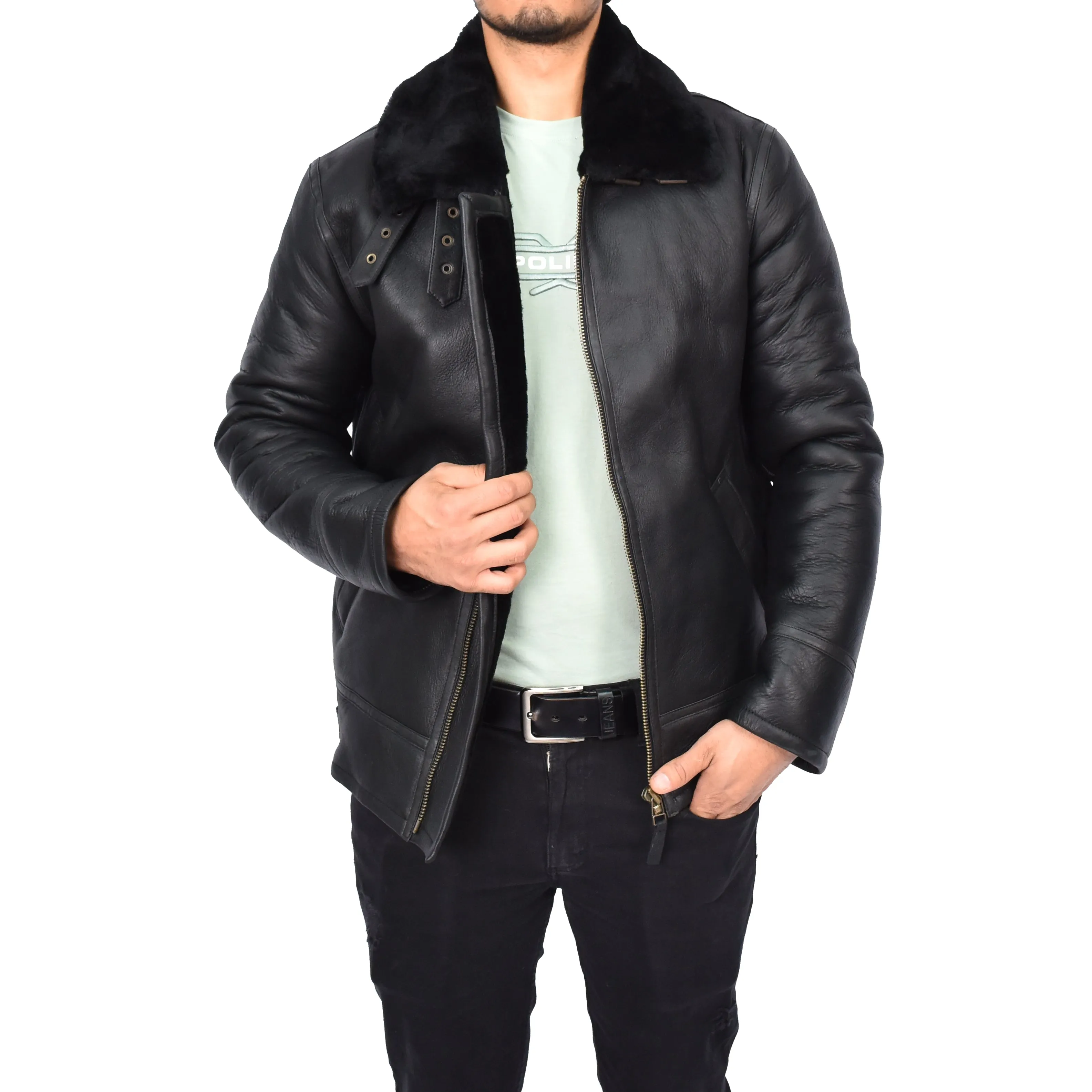 Men's Top Gun Style Real Sheepskin Jacket Black Jannick